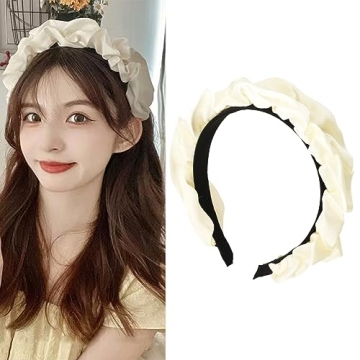 ShiQiao Spl White Satin Wide Headband for Women - Elegant Ruched Ruffle Hairband
