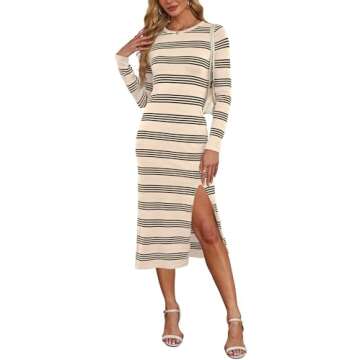 WIHOLL Womens Long Sleeve Sweater Dress Striped Midi Maxi Bodycon Spring Fall Winter Date Night Going Out Casual Cocktail Formal Dresses Fashion Outfits 2025 Apricot Black S