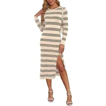 WIHOLL Womens Long Sleeve Sweater Dress Striped Midi Maxi Bodycon Spring Fall Winter Date Night Going Out Casual Cocktail Formal Dresses Fashion Outfits 2025 Apricot Black S
