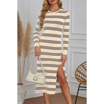 WIHOLL Womens Long Sleeve Sweater Dress Striped Midi Maxi Bodycon Spring Fall Winter Date Night Going Out Casual Cocktail Formal Dresses Fashion Outfits 2025 Apricot Black S