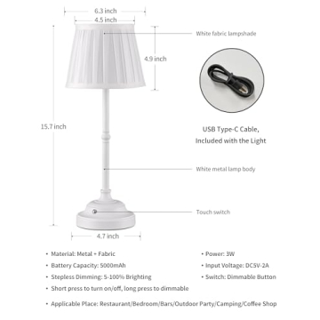 KDG Cordless LED Table Lamp Set of 2, Portables Fabric Shade Desk Lamps, 5000mAh Rechargeable Battery Powered Lighting, Dimmable Light for Dining Room, Bedroom, Bedside, Night Light, Balcony (White)