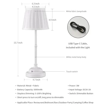 KDG Cordless LED Table Lamp Set of 2, Portables Fabric Shade Desk Lamps, 5000mAh Rechargeable Battery Powered Lighting, Dimmable Light for Dining Room, Bedroom, Bedside, Night Light, Balcony (White)