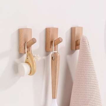 HomeDo Adhesive Wall Hooks Hat Rack, Wooden Coat Hooks Wall Mounted, Decorative Hooks Single Organizer Hat Hanger Towel Rack, Heavy Duty Hooks (Rectangle-Beech,3Pack)