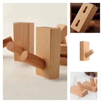 HomeDo Adhesive Wall Hooks Hat Rack, Wooden Coat Hooks Wall Mounted, Decorative Hooks Single Organizer Hat Hanger Towel Rack, Heavy Duty Hooks (Rectangle-Beech,3Pack)