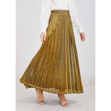 CHARTOU Women's Premium Metallic Shiny Shimmer Accordion Pleated Long Maxi Skirt (Large, Gold)