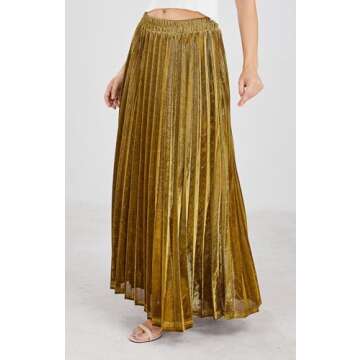 CHARTOU Women's Premium Metallic Shiny Shimmer Accordion Pleated Long Maxi Skirt (Large, Gold)