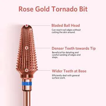 AIRSEE Tungsten Carbide Acrylic Nail Drill Bit Efile Electric File Machine Head Tips for Manicure Polishing Fast Remove Gel 3/32" Shank Right Hand Advanced Salon Tech Rose Gold Tornado Medium-M