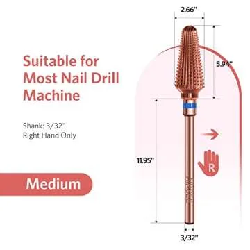 AIRSEE Tungsten Carbide Acrylic Nail Drill Bit Efile Electric File Machine Head Tips for Manicure Polishing Fast Remove Gel 3/32" Shank Right Hand Advanced Salon Tech Rose Gold Tornado Medium-M