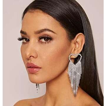 Fashion Silver Heart Rhinestone Dangling Tassel Earrings for Women, Big Long Statement Wedding Brida...