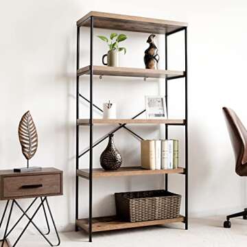 Tangkula 5-Tier Bookcase, Rustic Industrial Bookshelf, Décor Accent Display for Home, Office, Livin...