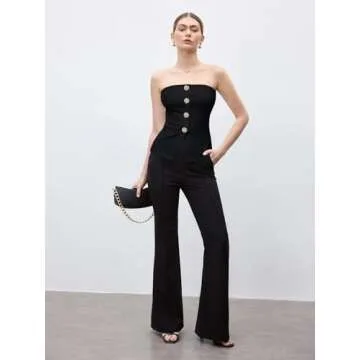 OYOANGLE Women's Button Front Slit Hem Tube Top Strapless Textured Slim Fit Tops Black Solid Large