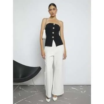 OYOANGLE Women's Button Front Slit Hem Tube Top Strapless Textured Slim Fit Tops Black Solid Large