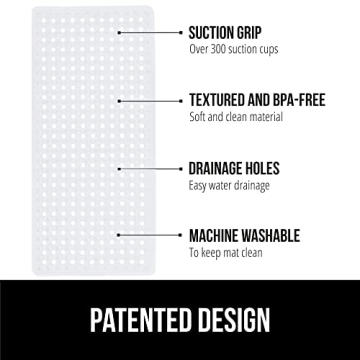 GORILLA GRIP Patented Bath Tub Shower Mat, 35x16 Washable Bathtub Floor Mats, Suction Cups and Drain Holes to Keep Tubs Clean, White