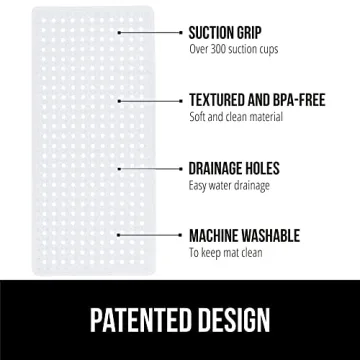 GORILLA GRIP Patented Bath Tub Shower Mat, 35x16 Washable Bathtub Floor Mats, Suction Cups and Drain Holes to Keep Tubs Clean, White