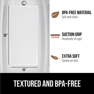 GORILLA GRIP Patented Bath Tub Shower Mat, 35x16 Washable Bathtub Floor Mats, Suction Cups and Drain Holes to Keep Tubs Clean, White