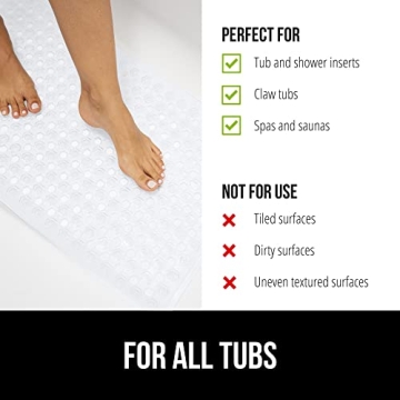 GORILLA GRIP Patented Bath Tub Shower Mat, 35x16 Washable Bathtub Floor Mats, Suction Cups and Drain Holes to Keep Tubs Clean, White