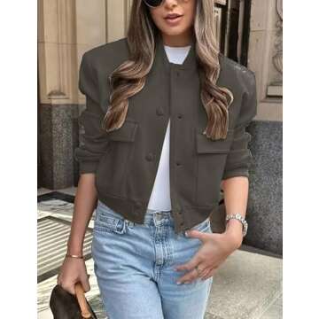 Megfie Womens Cropped Bomber Jacket Button Down Varsity Jackets Shackets with Pockets(0394-DarkGrey-...