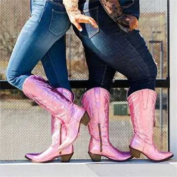 Cowgirl Boots White Sparkly,Women's Embroidered Western Cowboy Boots Knee High Chunky Heel Pointed Toe Cowgirl Style Wide calf Fashion Retro Classic Boot Pull-On