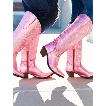 Cowgirl Boots White Sparkly,Women's Embroidered Western Cowboy Boots Knee High Chunky Heel Pointed Toe Cowgirl Style Wide calf Fashion Retro Classic Boot Pull-On