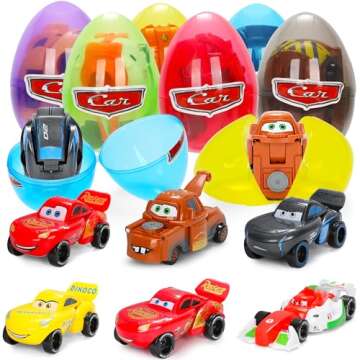 Lazmngx Cars Easter Baskets for Kids - 6Pcs Easter Eggs Cars 2 Toy Fillers for Fun Easter Hunt, Clas...