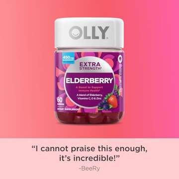 OLLY Extra Strength Elderberry Gummies, Immune Support, 450mg Elderberry, Vitamin C, D and Zinc, Berry - 60 Count