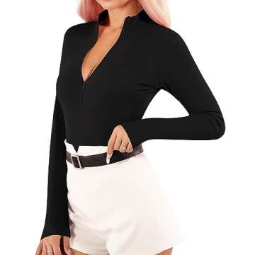 MANGOPOP Long Sleeve Body Suit Mock Turtle Neck Fleece lined Zip Up Bodysuit for Women Ribbed Deep V Sexy Bodysuit Shirts