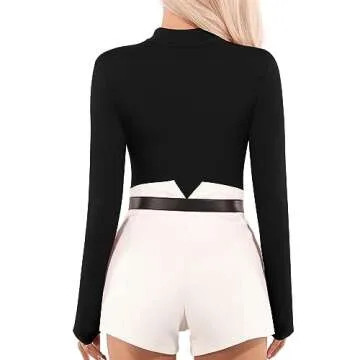 MANGOPOP Long Sleeve Body Suit Mock Turtle Neck Fleece lined Zip Up Bodysuit for Women Ribbed Deep V Sexy Bodysuit Shirts