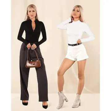 MANGOPOP Long Sleeve Body Suit Mock Turtle Neck Fleece lined Zip Up Bodysuit for Women Ribbed Deep V Sexy Bodysuit Shirts