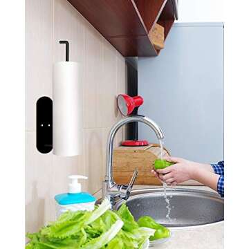Paper Towel Holder Under Cabinet Mount - Adhesive or Drilling Black Paper Towel Holder Stick on Wall for Kitchen and Bathroom, SUS304 Stainless Steel