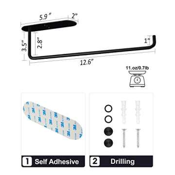 Paper Towel Holder Under Cabinet Mount - Adhesive or Drilling Black Paper Towel Holder Stick on Wall for Kitchen and Bathroom, SUS304 Stainless Steel