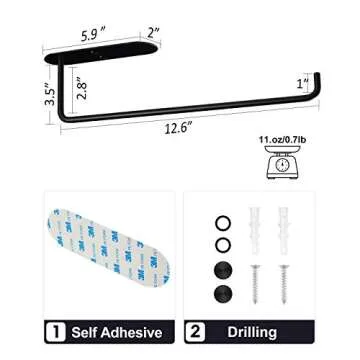 Paper Towel Holder Under Cabinet Mount - Adhesive or Drilling Black Paper Towel Holder Stick on Wall for Kitchen and Bathroom, SUS304 Stainless Steel