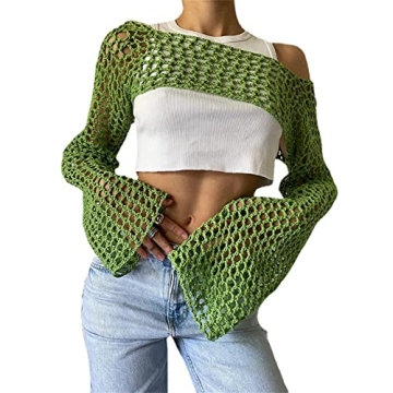 KEOMUD Women Mesh Crochet Crop Top Long Sleeve Hollow Out Cropped Knit Sweater Bikini Beach See Thro...