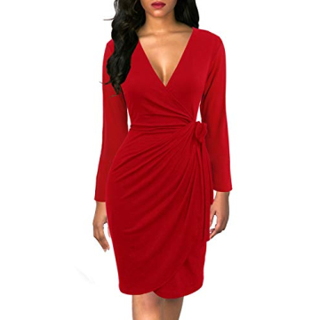Berydress Women's Black Wrap Dress Sexy V-Neck Long Sleeve