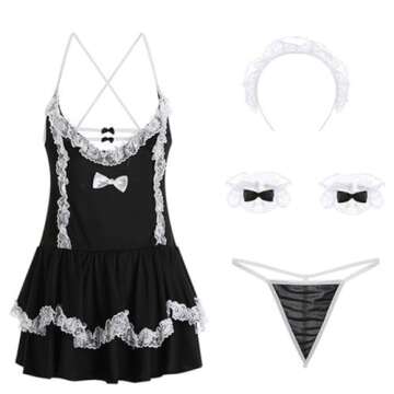 Sexy Maid Outfit Women Maid Servant Cosplay Strap Mini Dress Bow Lingerie Lace Babydoll Cute Apron Roleplay Nightdress (Style A)