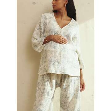 NOTHING FITS BUT 3 Layer Muslin Nursing Set, Maternity Dress, Cotton Nursing Gauze Set for Women with Snap Button Closure (L/XL, Baby Blue)