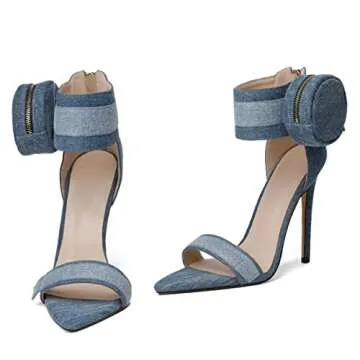 Zamikoo Women's Heeled Sandals, Ankle Strap Open Toe Heels, Pointy Toe Stiletto High Heels with Side Pouch 4.7 Inches Denim Heels Zip Closure US Size 7