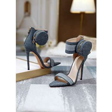 Zamikoo Women's Heeled Sandals, Ankle Strap Open Toe Heels, Pointy Toe Stiletto High Heels with Side Pouch 4.7 Inches Denim Heels Zip Closure US Size 7