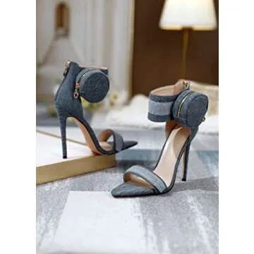 Zamikoo Women's Heeled Sandals, Ankle Strap Open Toe Heels, Pointy Toe Stiletto High Heels with Side Pouch 4.7 Inches Denim Heels Zip Closure US Size 7