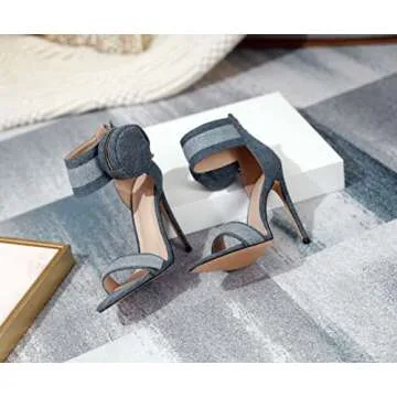 Zamikoo Women's Heeled Sandals, Ankle Strap Open Toe Heels, Pointy Toe Stiletto High Heels with Side Pouch 4.7 Inches Denim Heels Zip Closure US Size 7