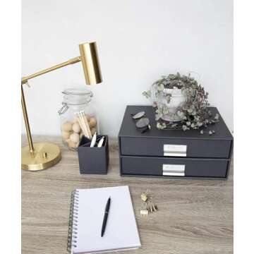 Bigso Box of Sweden Birger 2-Drawer Fiberboard Label Frame Document Letter Box | Desktop Drawers for Loose Papers, Documents & More with Metal Label Holder | 13.1" x 10" x 5.7" | White