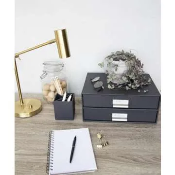 Bigso Box of Sweden Birger 2-Drawer Fiberboard Label Frame Document Letter Box | Desktop Drawers for Loose Papers, Documents & More with Metal Label Holder | 13.1" x 10" x 5.7" | White