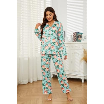 LYCY Womens Pajama Sets Floral Print, Long Sleeve Button Down Pajamas Set for Women Soft Sleepwear Pjs 2 piece Loungewear(Aqua Floral,XL)
