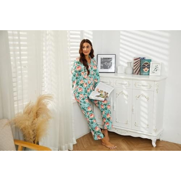 LYCY Womens Pajama Sets Floral Print, Long Sleeve Button Down Pajamas Set for Women Soft Sleepwear Pjs 2 piece Loungewear(Aqua Floral,XL)