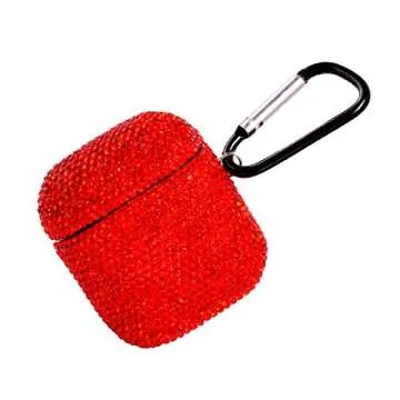 Sparkly Diamond Case for AirPods with Keychain, Shockproof Protective Premium Bling Rhinestone Cover Skin Compatible with AirPods Charging Case 2 & 1(Red C1)