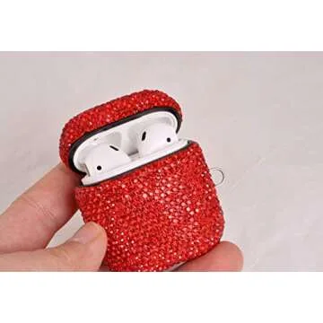 Sparkly Diamond Case for AirPods with Keychain, Shockproof Protective Premium Bling Rhinestone Cover Skin Compatible with AirPods Charging Case 2 & 1(Red C1)