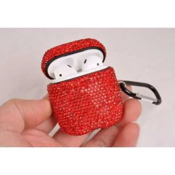 Sparkly Diamond Case for AirPods with Keychain, Shockproof Protective Premium Bling Rhinestone Cover Skin Compatible with AirPods Charging Case 2 & 1(Red C1)