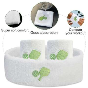 KOFULL Unisex Pickleball Sweatbands, Headband & Wristbands Set, Cotton, Green, 7.1 x 2 Inches (Headband), 3.14 x 3.14 Inches (Wristbands), Sports Enthusiasts, Teens to Adults