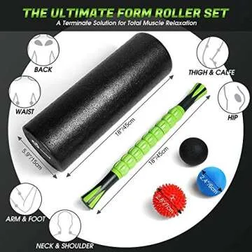 Odoland Foam Roller Set, 18'' Muscle Foam Roller, Muscle Roller Stick and Spiky Massage Balls for High Density Physical Therapy Exercise, Deep Tissue Trigger, Pain & Myofascial Relief Home Set