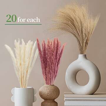 Natural Dried Pampas Grass Bouquet, 60 Pcs Dried Reed Flowers, Boho Home Decor Bouquet for Home Tabl...