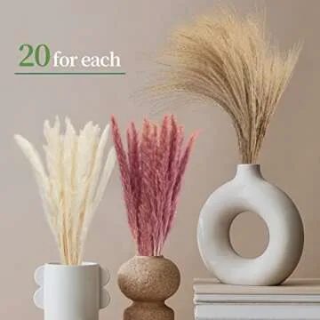 Natural Dried Pampas Grass Bouquet, 60 Pcs Dried Reed Flowers, Boho Home Decor Bouquet for Home Tabl...